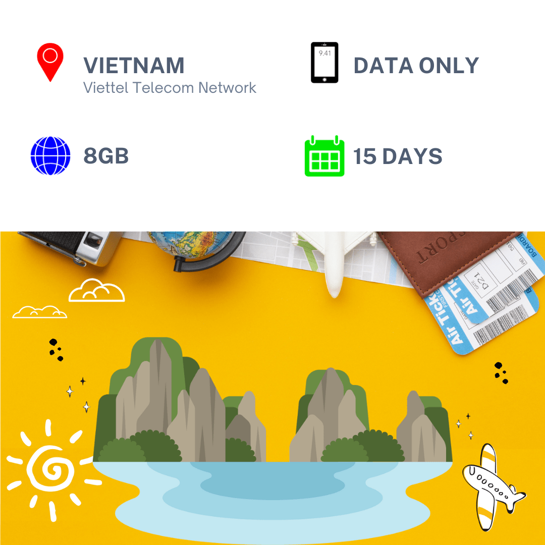 Vietnam Travel Sim Card 15 Days 8GB (Unlimited Data At 64kbps) 35 Mins Voice TravelKon