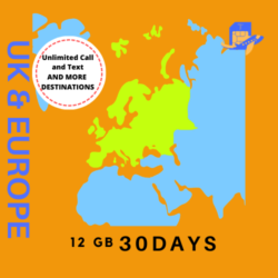 UK and Europe Travel Sim Card | 30 Days | 12GB | Unlimited Calls & Text | 71 Destinations