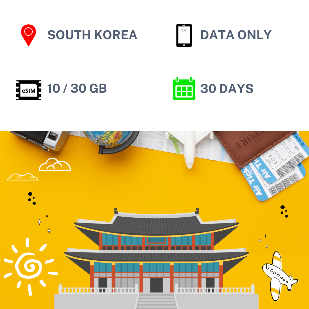 South Korea Travel ESIM 30 Days 10 GB / 30 GB (Unlimited Data At
