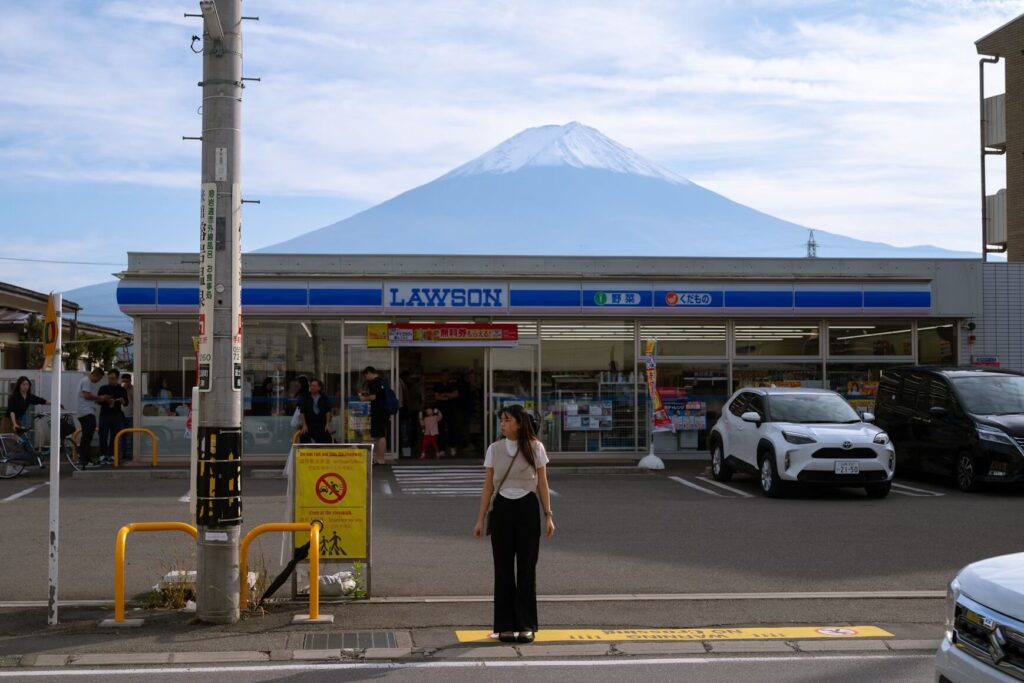 Enjoying the view of Mt. Fuji from Kawaguchiko Station Lawson
