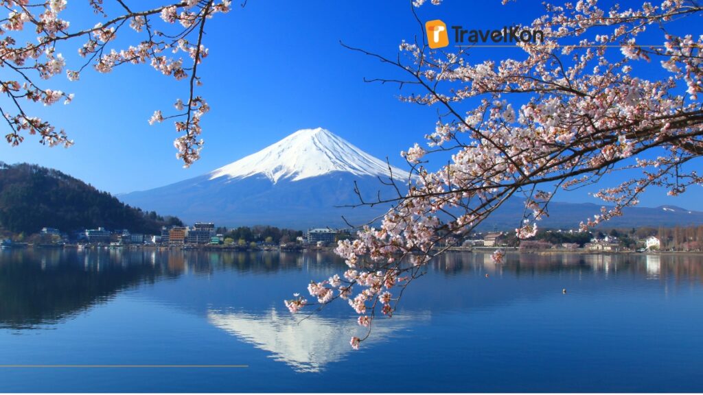 Mount Fuji with a lake and a city