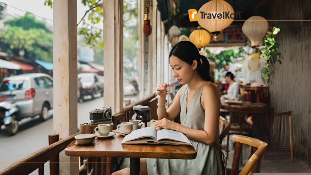 traveler studying Vietnamese phrases