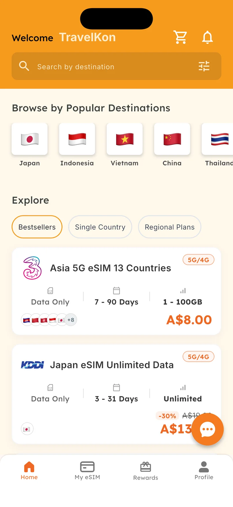 The TravelKon app home screen with popular destinations and bestselling eSIM plans.