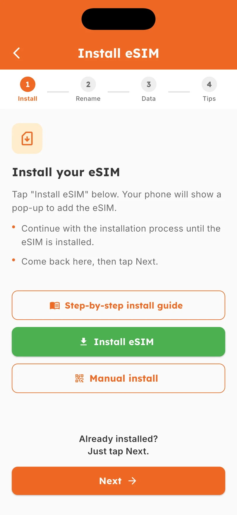 Step 1 of the guided eSIM install in the TravelKon app.