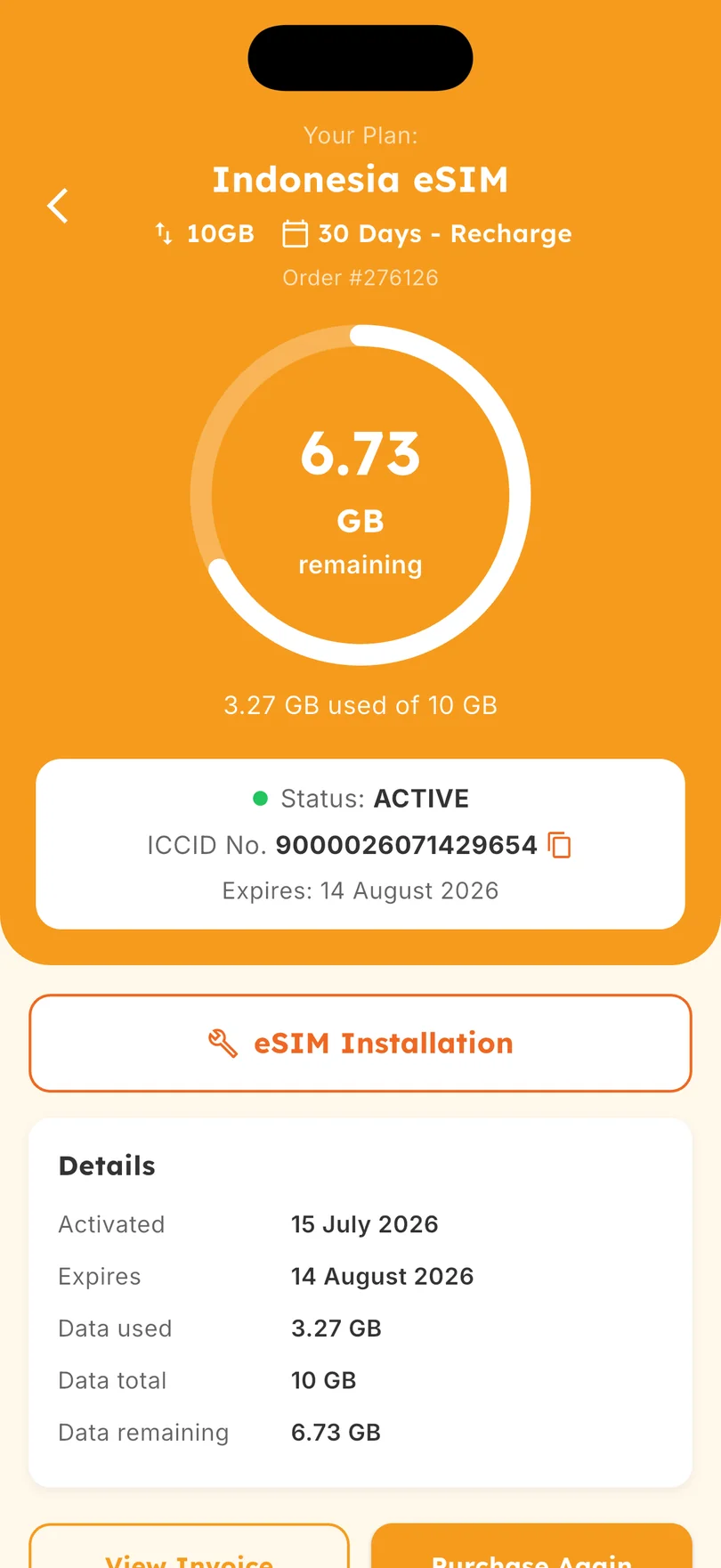 Live data usage for an eSIM in the TravelKon app, with a remaining-data ring, status and expiry.
